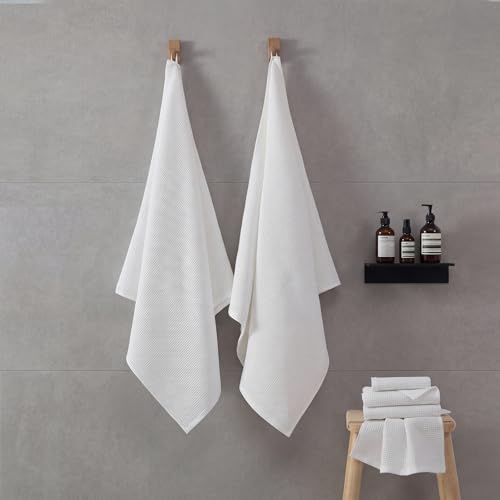 ecolook 6-Piece Waffle Weave Towel Set, 100% Cotton, Lightweight, Absorbent & Quick-Drying, 2 Bath Towels (31×63 in), 2 Hand Towels, 2 Washcloths, Lint-Free for Bathroom, Pool, Gym, Travel - White - color: White