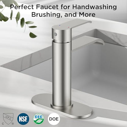 FORIOUS Single Hole Brushed Nickel Bathroom Faucet Waterfall, Commercial | FORIOUS 1 Hole Bathroom Faucet Brushed Nickel, One Hole Waterfall Bathroom Sink Faucet for RV with Cover Plate and Pop Drain - color: Stainless Steel