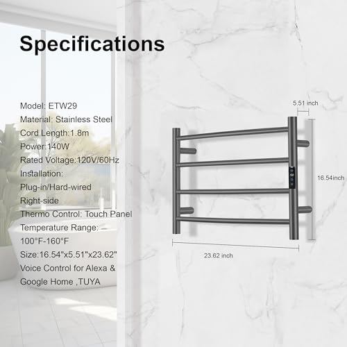 Electric Towel Rack with Voice Control for Alexa & Google Home,TUYA - Wall-Mounted Bathroom Heating Towel Warmer,Plug-in,Stainless Steel Material,16.54x23.62x5.51 in,Gunmetal Grey，4 Bars - color: Gungrey With Wifi, size: 4 Bar
