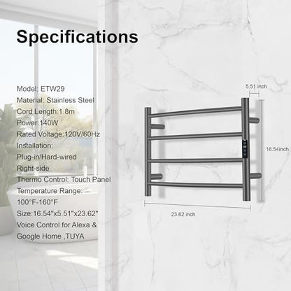 Electric Towel Rack with Voice Control for Alexa & Google Home,TUYA - Wall-Mounted Bathroom Heating Towel Warmer,Plug-in,Stainless Steel Material,16.54x23.62x5.51 in,Gunmetal Grey，4 Bars - color: Gungrey With Wifi, size: 4 Bar