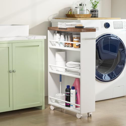 Tribesigns Slim Storage Cart, Rolling Narrow Kitchen Cart on Wheels for Small Place, 4-Tier Slide Out Slim Utility Cart Skinny Laundry Cart with Handle for Kitchen, Bathroom, Laundry - style: Modern