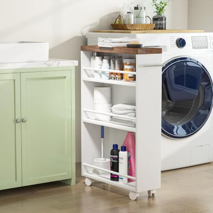 Tribesigns Slim Storage Cart, Rolling Narrow Kitchen Cart on Wheels for Small Place, 4-Tier Slide Out Slim Utility Cart Skinny Laundry Cart with Handle for Kitchen, Bathroom, Laundry - style: Modern