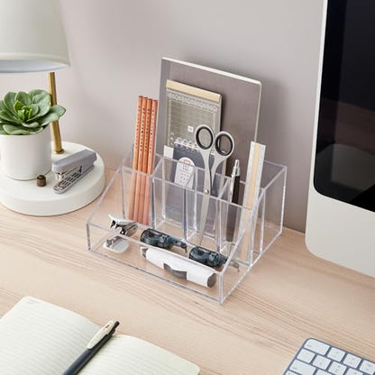 STORi Stackable Desk Organizer, Clear Pen Pencil Makeup Brush Holder for Desktops and Vanities, 6 Compartment Caddy (Made in USA) - style: Organizer Top