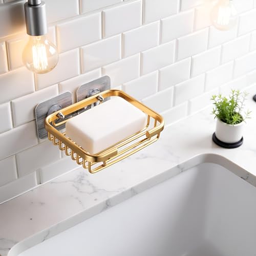 2Pcs Gold Stainless Steel Adhesive Soap Dish,Secure Bar Soap Holder for Shower Wall,Drill Free Soap Holder Storage Rack, Rack Soap Tray Bar for Bathroom and Kitchen Soap Dishes