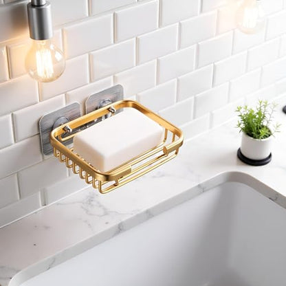 2Pcs Gold Stainless Steel Adhesive Soap Dish,Secure Bar Soap Holder for Shower Wall,Drill Free Soap Holder Storage Rack, Rack Soap Tray Bar for Bathroom and Kitchen Soap Dishes
