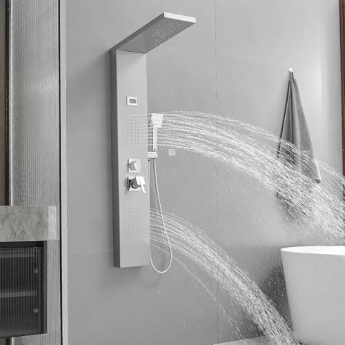 BWE Multi-Function Shower Panel System with Rainfall Shower Head Massage Body Jets and Handheld Shower Head 3 In1 Shower Panel Tower Stainless Steel for Home Hotel Resort Brushed Nickel and Chrome