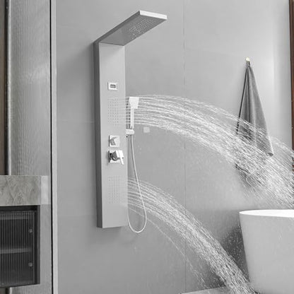 BWE Multi-Function Shower Panel System with Rainfall Shower Head Massage Body Jets and Handheld Shower Head 3 In1 Shower Panel Tower Stainless Steel for Home Hotel Resort Brushed Nickel and Chrome