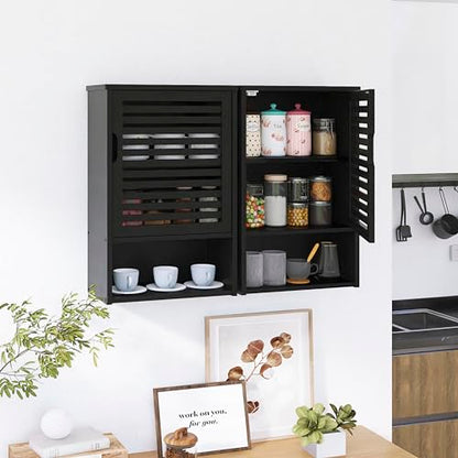 HITNET Bathroom Storage Cabinet Wall Mounted, Hanging Medicine Cabinet with Adjustable Shelf, Over the Toilet Space Saver Organizer, Black Bamboo Kitchen Cupboard, Single Door - color: Black