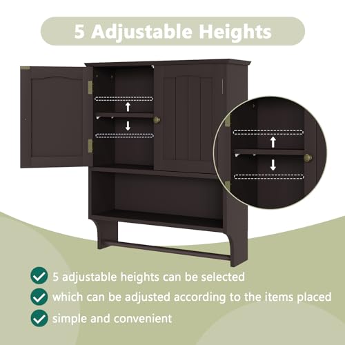 Smuxee Brown Wall Cabinet with Towel Bar - Medicine Cabinet with Adjustable Shelves, Over Toilet Cabinet for Laundry Room Kitchen - color: Brown Big With Towels Bar