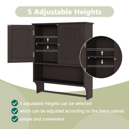 Smuxee Brown Wall Cabinet with Towel Bar - Medicine Cabinet with Adjustable Shelves, Over Toilet Cabinet for Laundry Room Kitchen - color: Brown Big With Towels Bar