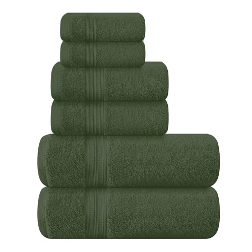 BOUTIQUO 6 Pack Cotton Towel Set, Contains 2 Bath Towels 27x54 inch, 2 Hand Towels 16x24 inch & 2 Wash Coths 12x12 inch, Ideal Everyday use, Ultra Soft Compact & Lightweight - Olive Green - color: Olive Green, size: 6 Piece Towel Set