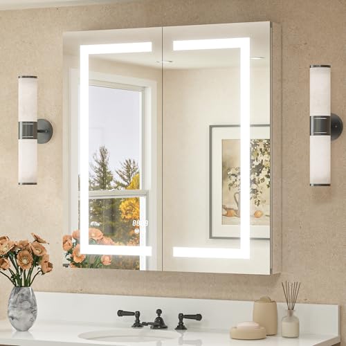 TETOTE 30 x 32 Lighted Medicine Cabinet Mirror for Bathroom with LED Lights, 2 Door Tempered Glass Recessed or Surface Mount Mirrored Cabinet, Outlets & USB, 3-Color Dimming, Defog, Adjustable Shelf - size: 30x32
