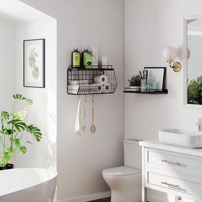 Bathroom Shelves Over Toilet Wall Mounted Floating Shelves with Wire Basket and Hooks Metal Shelf Organizer for Bathroom, Bedroom, Living Room, Kitchen, Home Storage
