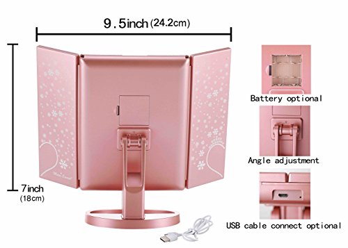 Miss Sweet Lighted Trifold Makeup Mirror Tabletop Mirror Vanity Mirror for Beauty Makeup (A Rose Gold)