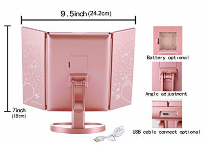 Miss Sweet Lighted Trifold Makeup Mirror Tabletop Mirror Vanity Mirror for Beauty Makeup (A Rose Gold)