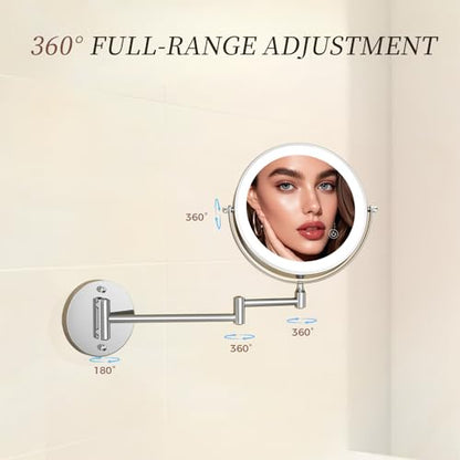 Rechargeable Wall Mounted Lighted Makeup Mirror Chrome, 8 Inch Double-Sided LED Vanity Mirror 1X/10X Magnification,3 Color Lights Touch Screen Dimmable 360°Swivel 13 Inch Extendable - color: 8 Inch Chrome