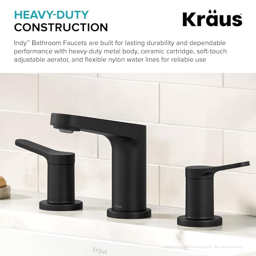 KRAUS Indy Widespread Bathroom Faucet in Matte Black with 2 Handles, Pop Up Drain and Supply Lines, FUS-14103MB - color: Matte Black, style: Widespread