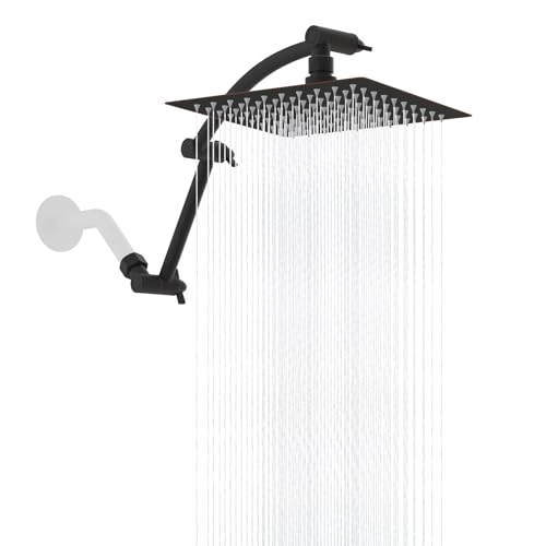 Hibbent 8'' Rain Shower Head with 16'' Extension Arm, Oil Rubbed Bronze | cUPC Certified High Pressure Rainfall Showerhead with Solid Brass Adjustable Shower Head Extension Arm, Fixed Showerheads - color: Oil Rubbed Bronze, style: Square 8''