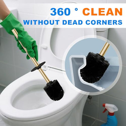 304 Stainless Steel Toilet Bowl Cleaner Brush and Holder Set | Brushed Gold Bathroom Toilet Brush, Floor-Standing Circular Base, Long Handle, Heavy-Duty with 2 Brush Heads YIGUANXIN - color: H-brushed Gold