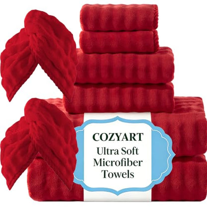 COZYART Lint Free 8 Pcs Bathroom Towels Set Ultra Soft Microfiber Red | Fluffy, Thick, Highly Absorbent, Fast Dry, No Shedding, No Pilling, Fade Resistant, Durable, Long-lasting - color: Red