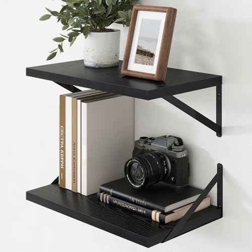 Deep Floating Shelves - 20 Inch Black Floating Shelves Set of 2-12 Inch Deep Wood Wall Shelves for Living Room Bathroom Kitchen - color: Black, size: 20W x 12D