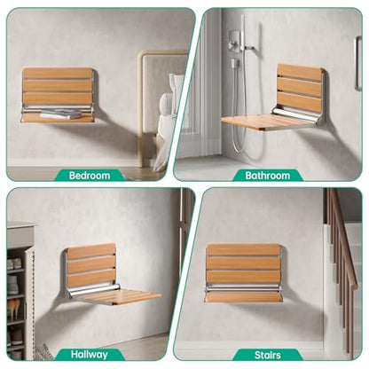 16" Wall Mounted Folding Shower Seat Bench - Heavy Duty 400lb Capacity, ADA Compliant Teak & Stainless Steel Shower Chair for Elderly, Disabled, Bathroom Safety - size: 16 inch