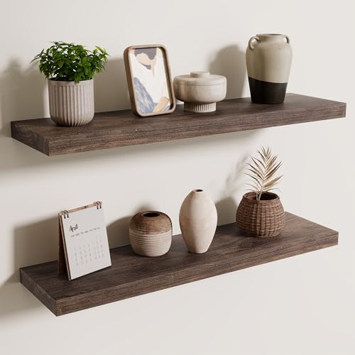Axeman Floating Shelves for Wall, 30''W x 8'' D Rustic Solid Elm Wood Shelves for Storage, Wall Mounted Display Shelving with Invisible Heavy-Duty Metal Bracket (Walnut, 2PCs) - color: Walnut With Flat Edge, size: 30 inches - 2P