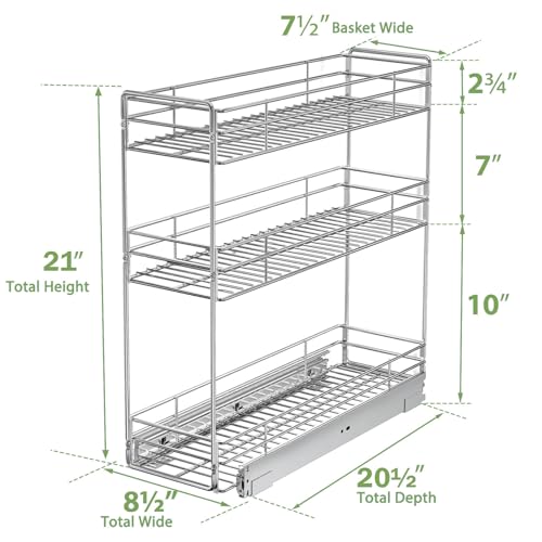Pull Out Spice Rack Cabinet Organizer 8½" W x 20½" D, 3 Tier Heavy Duty Sliding Spice Cabinet Organization for Narrow Cabinet, Pull Out Shelves for Kitchen - size: 8½" W X 20½" D,3 Tier
