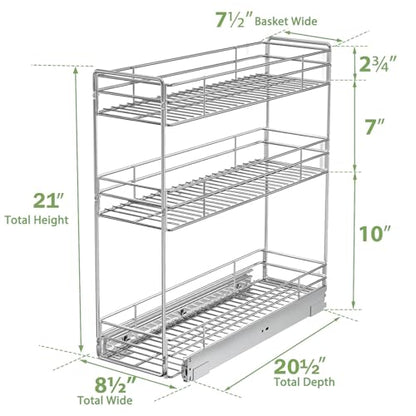 Pull Out Spice Rack Cabinet Organizer 8½" W x 20½" D, 3 Tier Heavy Duty Sliding Spice Cabinet Organization for Narrow Cabinet, Pull Out Shelves for Kitchen - size: 8½" W X 20½" D,3 Tier