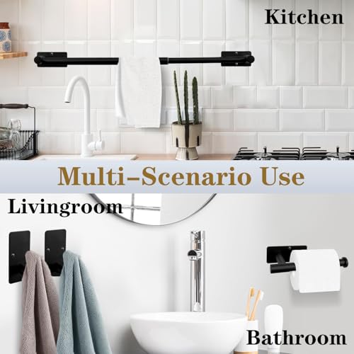 5 PCS Self Adhesive Bathroom Hardware Set, Stainless Steel Towel Rack Set Include Adjustable 24In Bath Towel Bar+Toilet Paper Holder+3 Towel/Robe Hooks Bathroom Accessory(Matte Black) - color: Matte Black, size: 24 In-5 Pcs