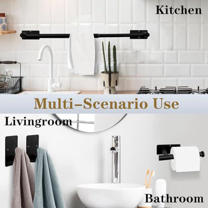 5 PCS Self Adhesive Bathroom Hardware Set, Stainless Steel Towel Rack Set Include Adjustable 24In Bath Towel Bar+Toilet Paper Holder+3 Towel/Robe Hooks Bathroom Accessory(Matte Black) - color: Matte Black, size: 24 In-5 Pcs