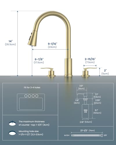 DAYONE 2 Handle Kitchen Faucet with Pull Down Sprayer, 4 Hole Sink Faucets with Separate Handle for Kitchen RV Laundry Bar, 3 Modes, SUS304 Stainless Steel, Brushed Gold - color: Brushed Gold, style: 2-handle
