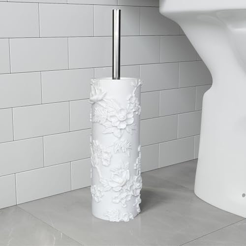 White Floral Branches Design Resin Toilet Bowl Brush and Holder Set, Elegant Bathroom Cleaning Tool with Durable Bristles, Compact and Functional - style: White Branches