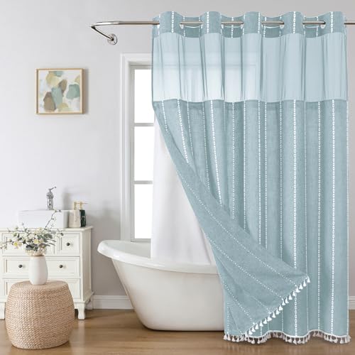 eachope No Hook Extra Long Shower Curtain Set with Snap-in Liner,Linen Textured Thick Striped Fabric with Tassels,Boho Chic Modern Farmhouse Bathroom Curtain,Water-Repellent,Fog Blue,71x86 | Linen Texture,230GSM Thick Fabric,Hotel Luxury Decor,Mesh Window
