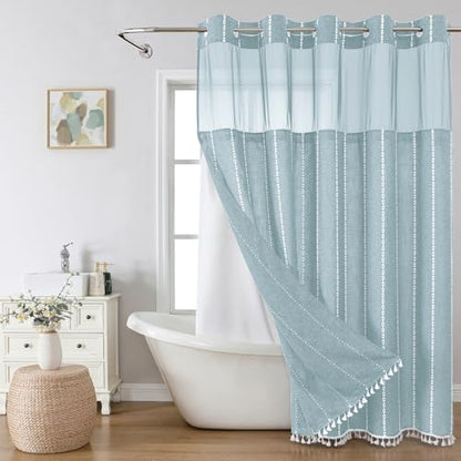 eachope No Hook Extra Long Shower Curtain Set with Snap-in Liner,Linen Textured Thick Striped Fabric with Tassels,Boho Chic Modern Farmhouse Bathroom Curtain,Water-Repellent,Fog Blue,71x86 | Linen Texture,230GSM Thick Fabric,Hotel Luxury Decor,Mesh Window