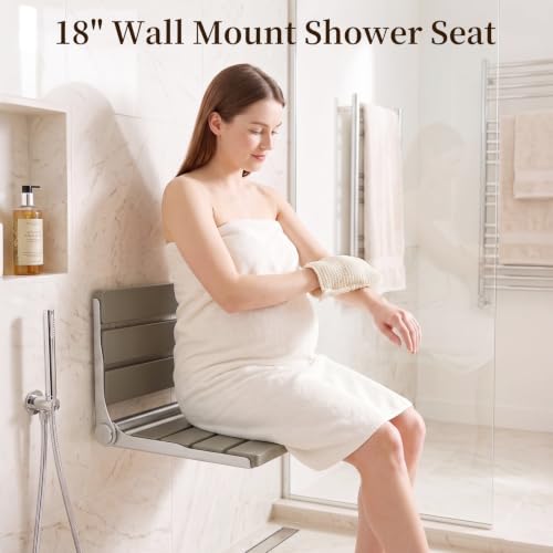 Wall Mount Shower Seat 18" for Adults | Shower Bench Wall Mount for Inside Shower, Fold Down Shower Seat, Shower Seats for Adults - color: Grey & Stainless Steel & Silver
