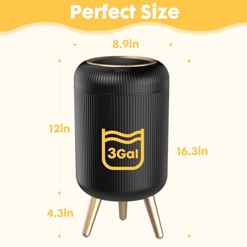 Automatic Motion Sensor Trash Can Bathroom,3 Gallon,Black and Gold | Touchless Trash Bin with Lid and Legs,Auto Diaper Garbage Can,Smalll Plastic Wastebasket for Office,Bedroom,Toilet,Kitchen - color: Black