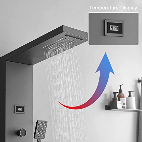 BWE Shower Panel Rainfall Waterfall with Handheld Shower Matte Black | 6 IN 1 Stainless Steel Shower Tower Panel System Massage Body Jets with Tub Spout Water Temperature Display Wall Mount
