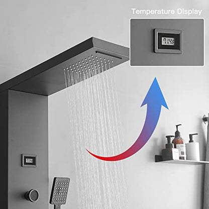 BWE Shower Panel Rainfall Waterfall with Handheld Shower Matte Black | 6 IN 1 Stainless Steel Shower Tower Panel System Massage Body Jets with Tub Spout Water Temperature Display Wall Mount