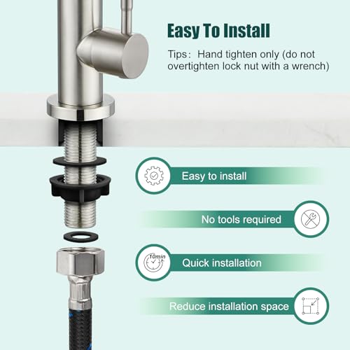 Heyalan SUS304 Cold Water Bar Sink Faucet, Single Handle, Brushed Nickel | SUS304 stainless steel, high-arc gooseneck, single-hole deck mount, 24-inch supply hose, 2.5-inch shank, 1.8 GPM - color: Brushed Nickel