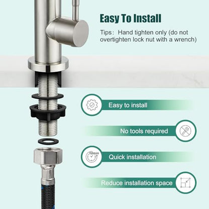 Heyalan SUS304 Cold Water Bar Sink Faucet, Single Handle, Brushed Nickel | SUS304 stainless steel, high-arc gooseneck, single-hole deck mount, 24-inch supply hose, 2.5-inch shank, 1.8 GPM - color: Brushed Nickel