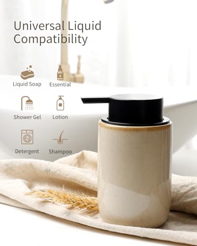 BosilunLife Lotion Pump Dispenser for Bathroom, Kitchen, Countertop | Hand Soap Dispenser Bathroom Ceramic Dish Liquid Soap Dispenser (Greige with Speckle, Liquid Pump) - color: Greige