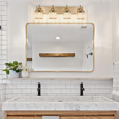 Modern Crystal Bathroom Vanity Lights, Gold 4-Lights Bathroom Light Fixtures Over Mirror, Crystal Wall Lighting with Polished Gold Finish - color: Gold-Round Shade, size: 4-Light