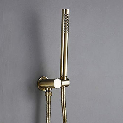 Shower System, Wall Mounted Thermostatic Control Mixing Valve Brushed Gold Taps Set with 8-12 Inch Round Rainfall Head and Handheld Shower, Luxury Se,10 inch