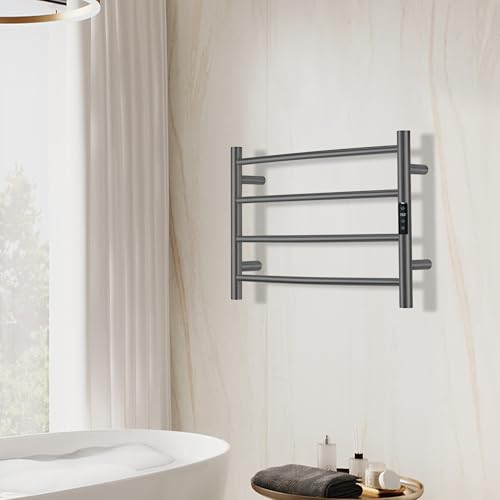 Electric Towel Rack with Voice Control for Alexa & Google Home,TUYA - Wall-Mounted Bathroom Heating Towel Warmer,Plug-in,Stainless Steel Material,16.54x23.62x5.51 in,Gunmetal Grey，4 Bars - color: Gungrey With Wifi, size: 4 Bar