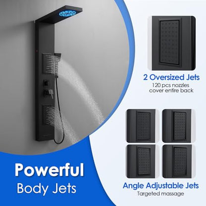 ROVOGO Shower Panel Tower System with LED Lights, 5 Shower Modes, 50 Inch | Rainfall Mist Shower Head, Body Jets, Handheld & Tub Spout, Stainless Steel Shower Column, Brass Mixing Valves, Matte Black - style: 50" Black