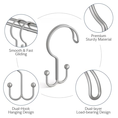 Bathway Matte Nickel Shower Curtain Hooks Ring, 12 Pcs Double Sided Shower Hooks, Rust Proof Metal Shower Hooks for Bathroom, Anti-Drop Shower Rings for Shower Curtain & Liners - color: Matte Nickel, style: Double-layer Shower Hooks