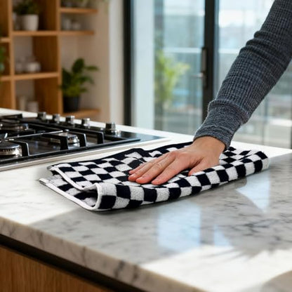 Jacquotha Wash Cloths Checkered 4 Pack (Black and White) | Cotton Washcloths for Face Body, 13 x 13 Inches Daily Cleansing Kitchen Towels - color: Black