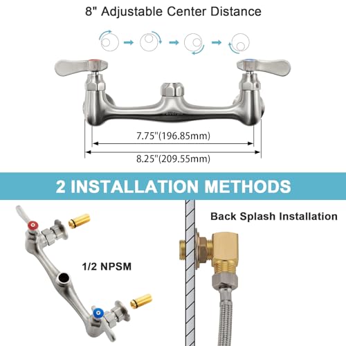Wall Mount Commercial Sink Kitchen Faucet 8 Inch Adjustable Center | 8 Inch 360 Swivel Spout, Lead-free Brass, For Restaurant Laundry Utility Room, Easy to Install, CUPC NSF Certified - color: Gold, size: 8 Inch Spout