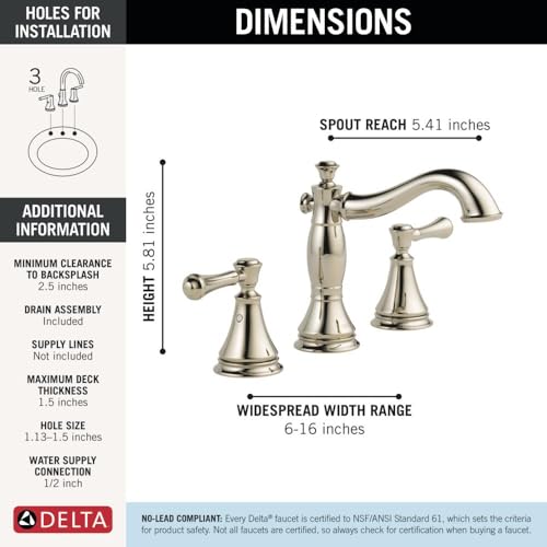 DELTA FAUCET Cassidy Widespread Bathroom Faucet 3 Hole, Bathroom Sink Faucet, Metal Drain Assembly, Polished Nickel 3597LF-PNMPU - color: Polished Nickel